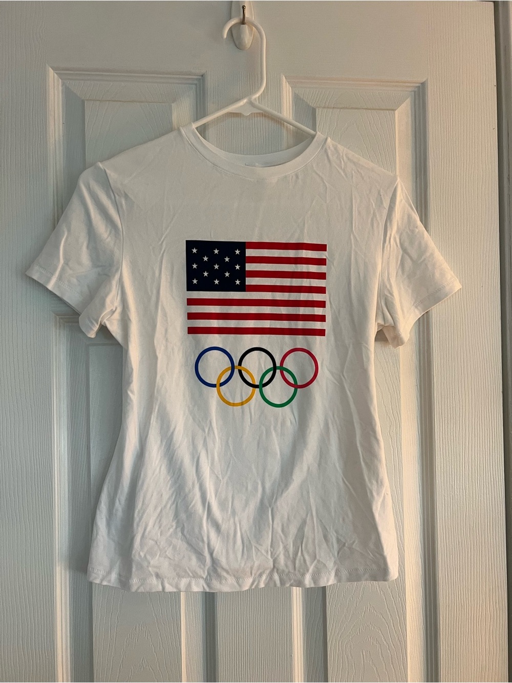 SKIMS White Tee with USA Flag & Olympic Rings Graphic